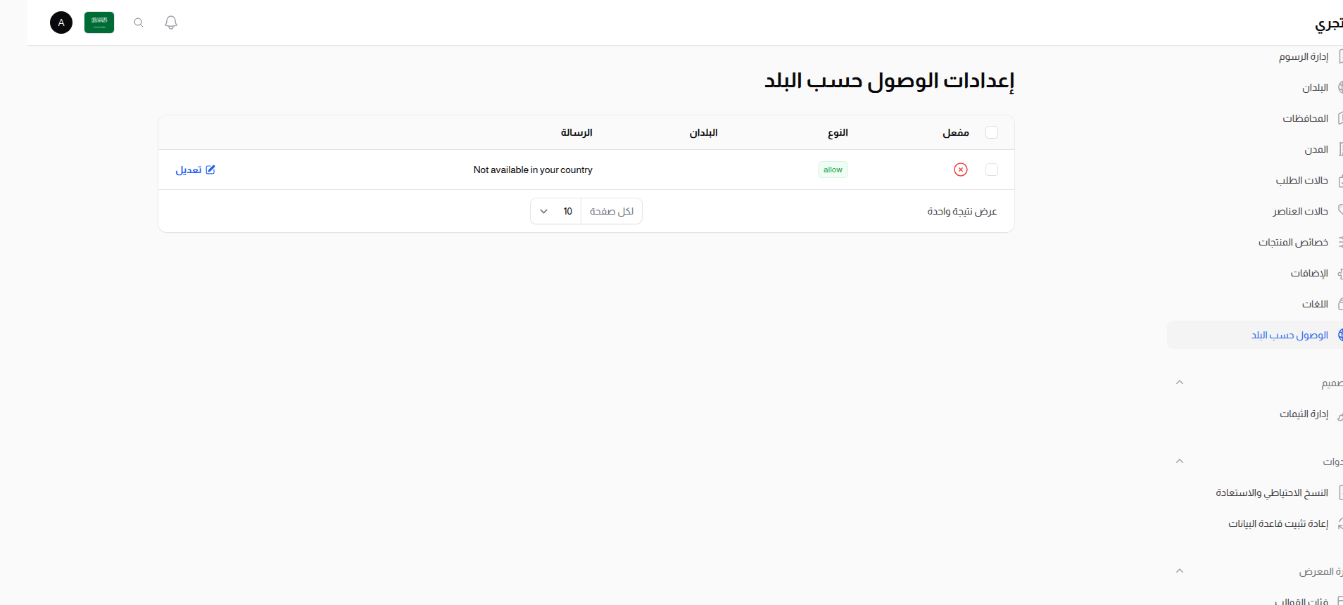 إعدادات الوصول حسب الدولة