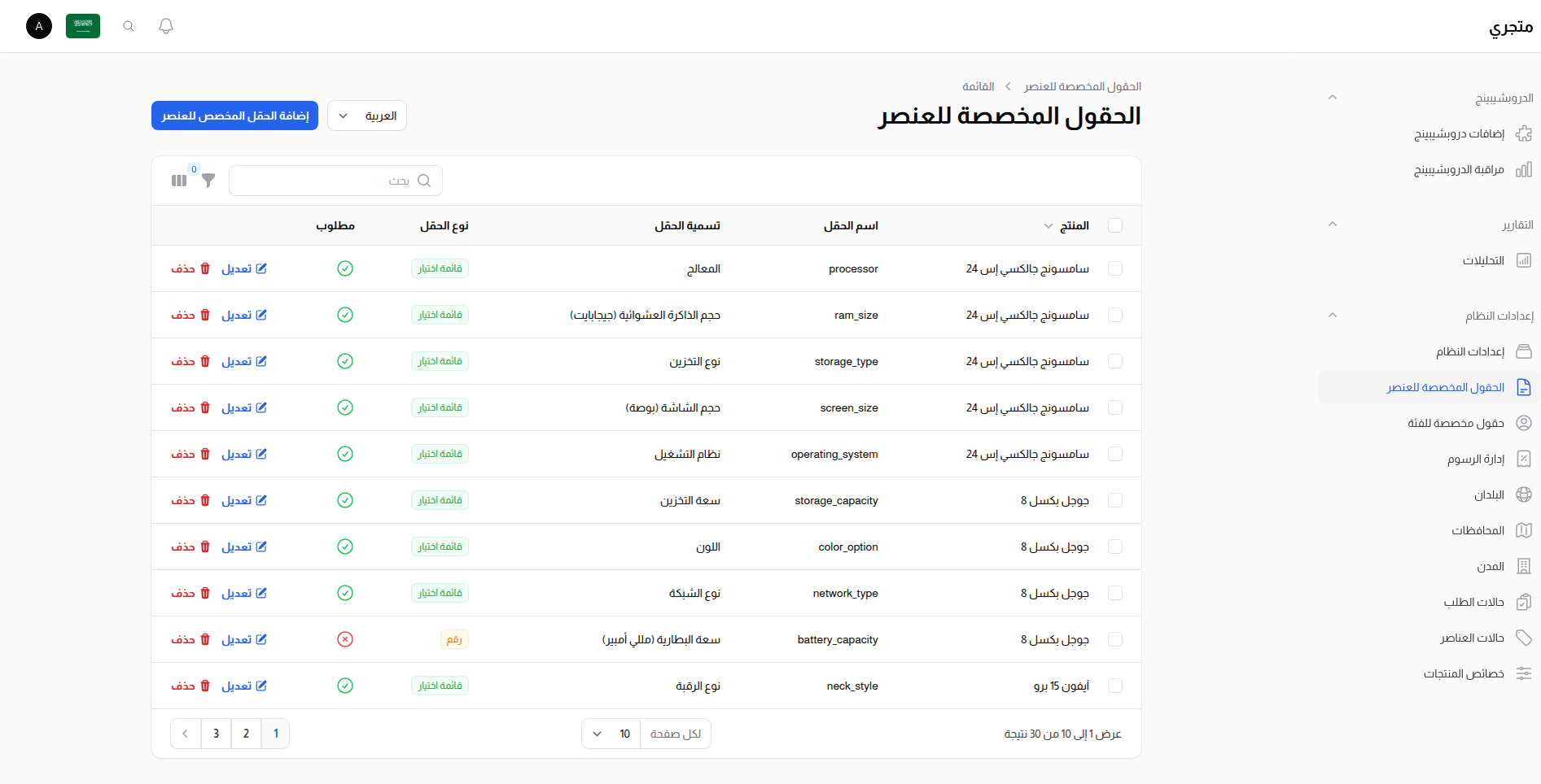 قائمة حقول مستخدم العنصر