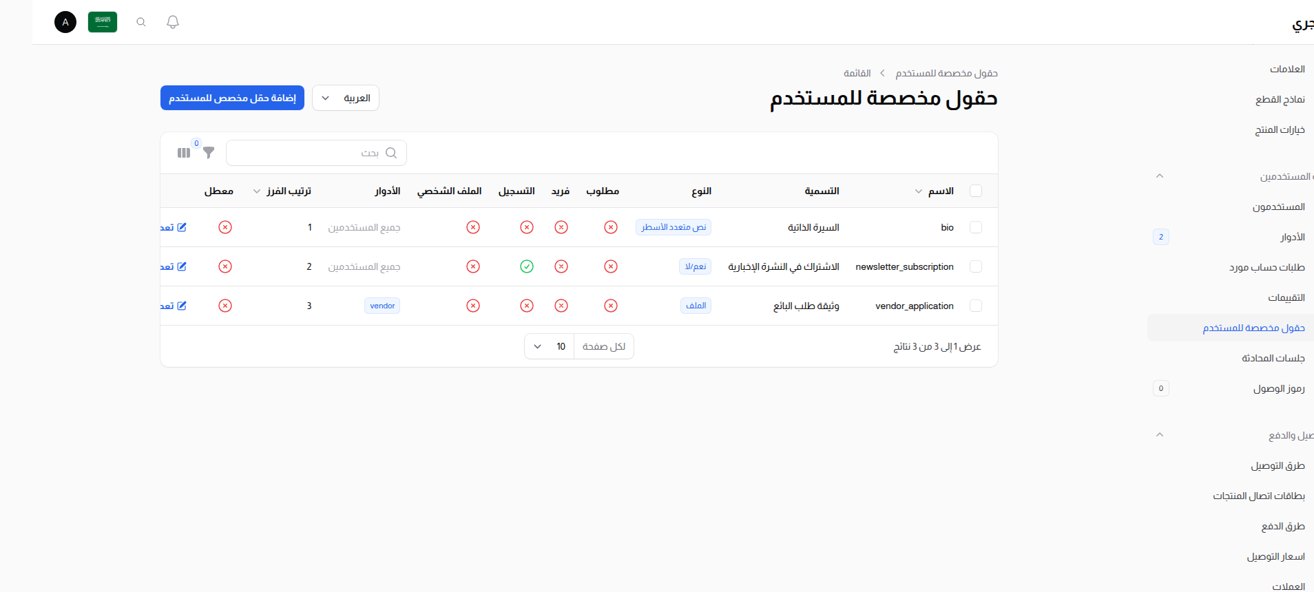 قائمة الحقول المخصصة للمستخدم