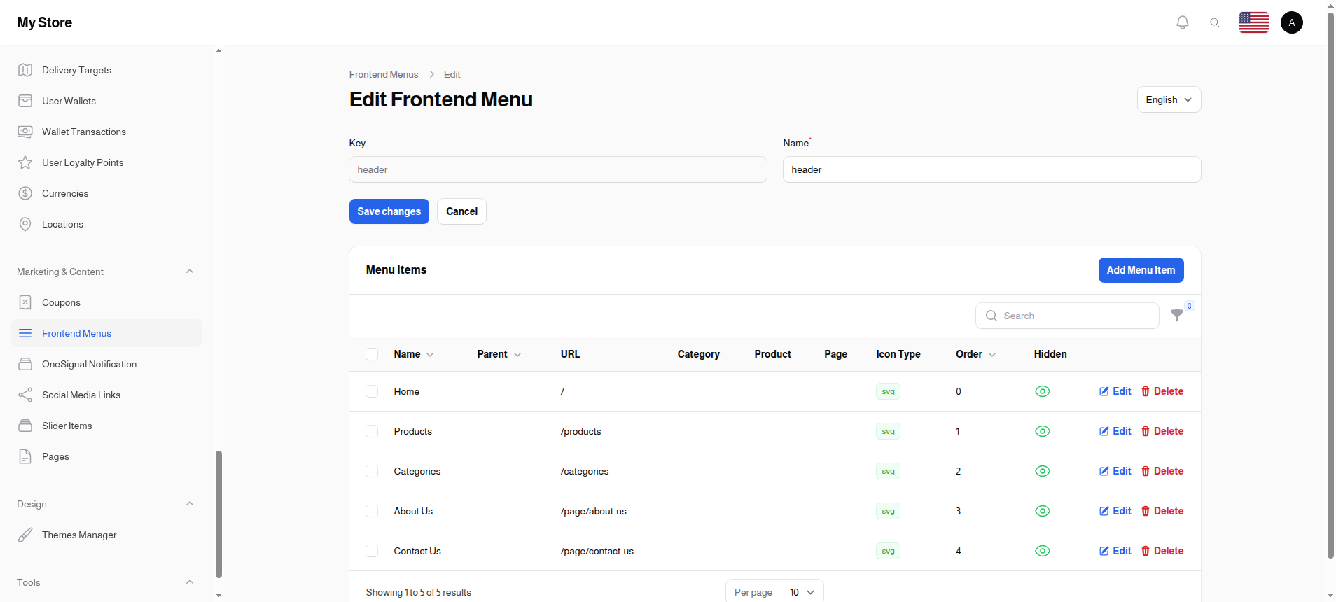 Edit Frontend Menu