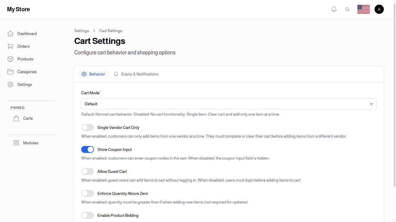 Cart Settings - Behavior Tab