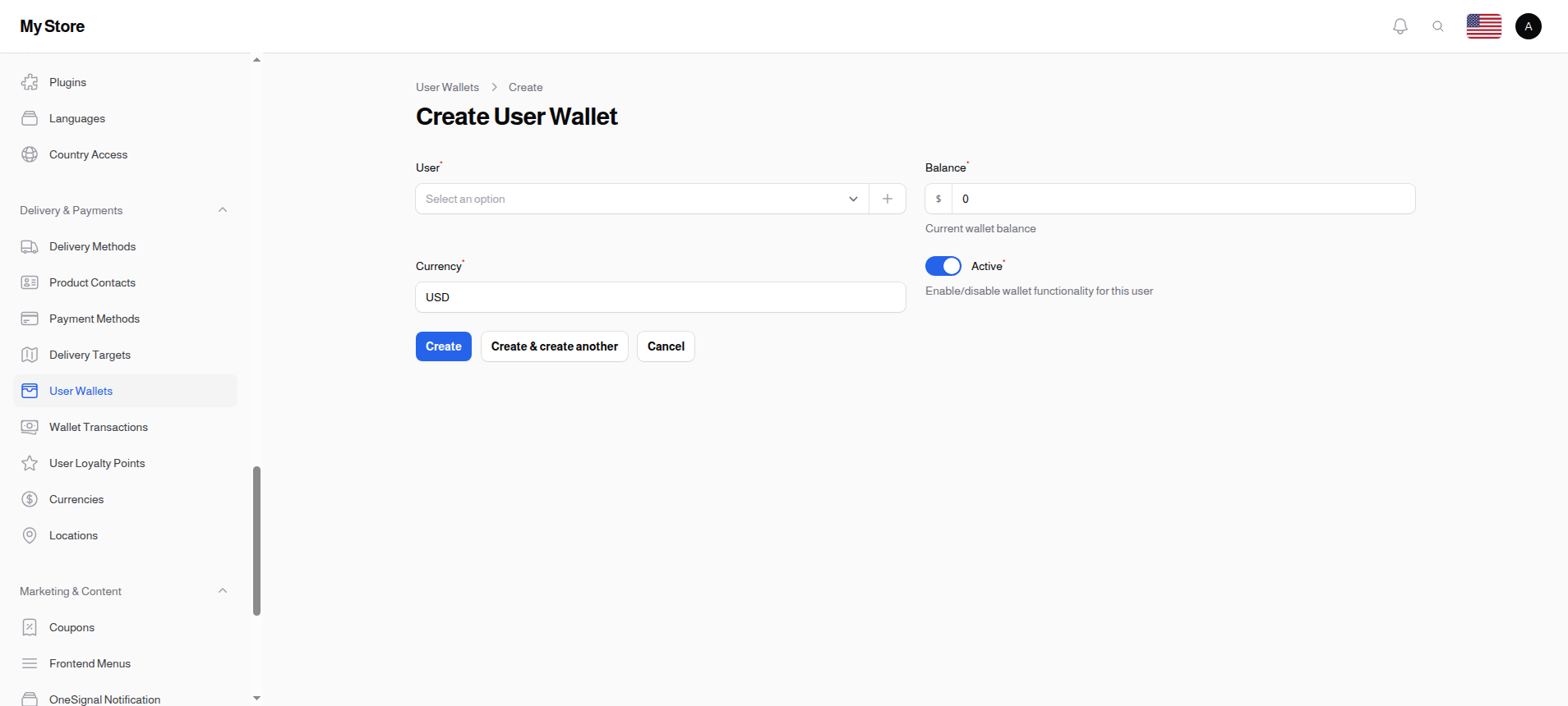 Create User Wallet