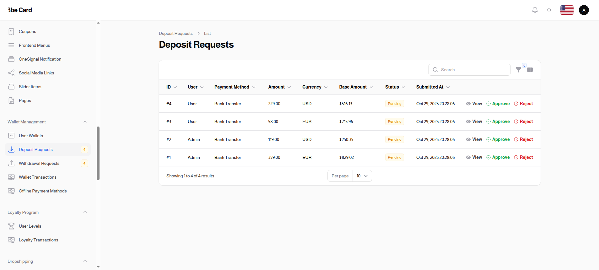 Wallet Deposit Requests List