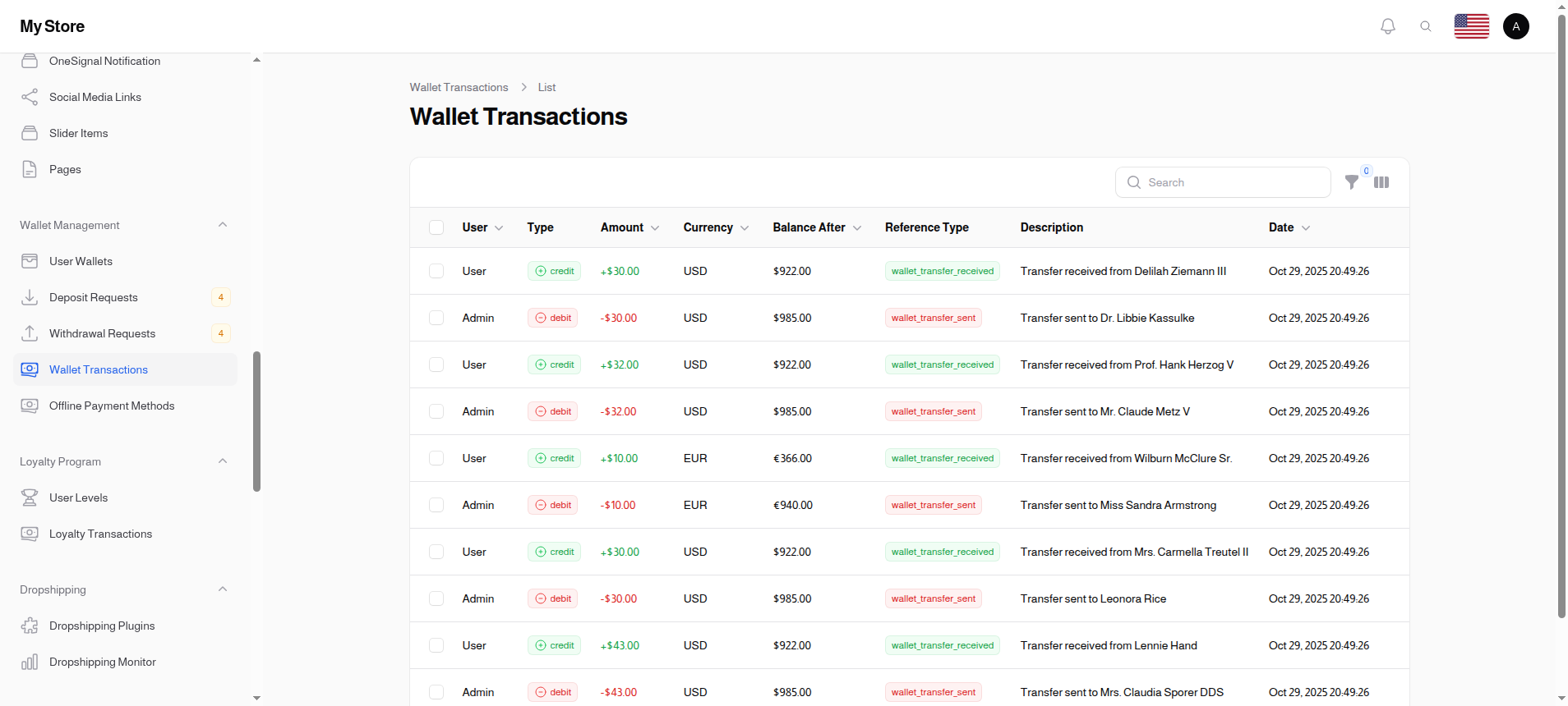 Wallet Transfers List