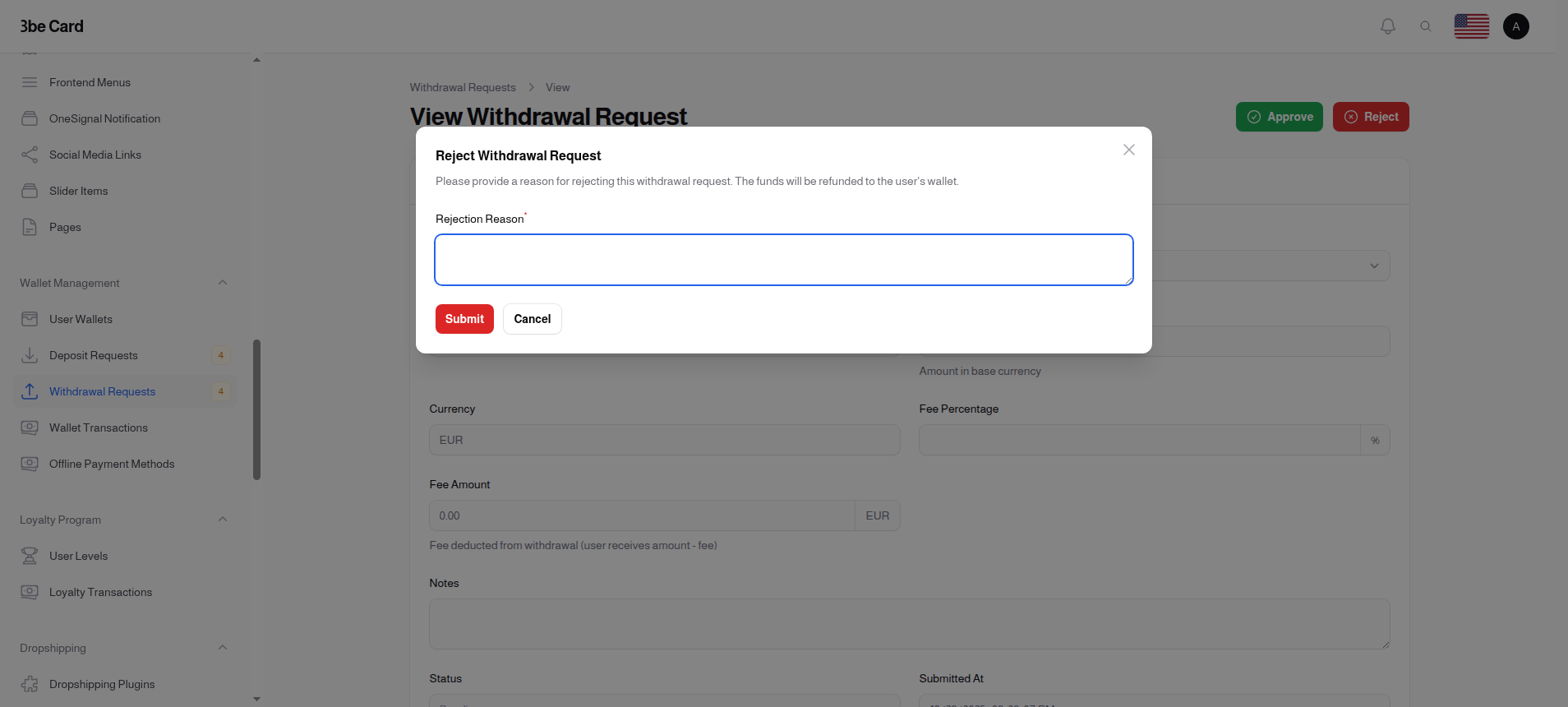 Reject Withdrawal Request