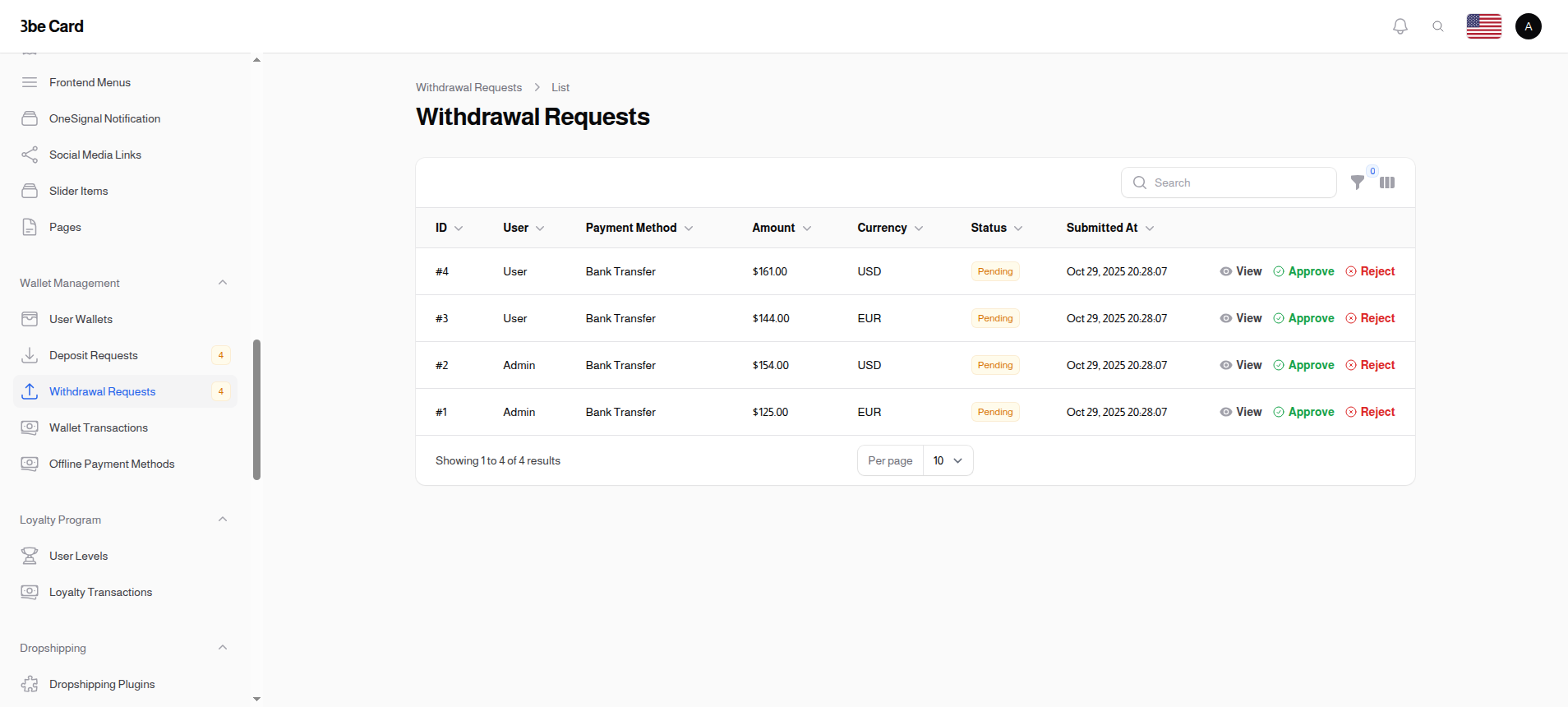 Wallet Withdrawal Requests List