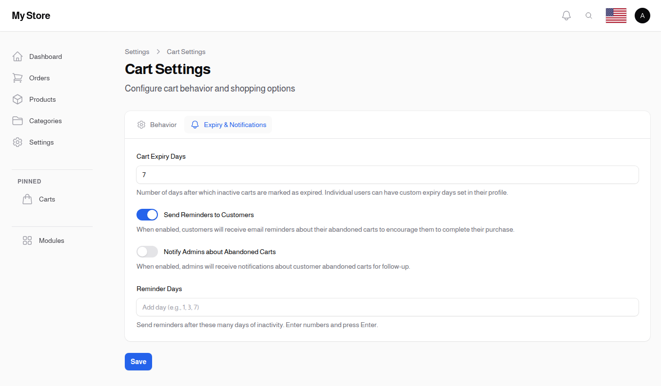 Cart Settings - Expiry & Notifications Tab